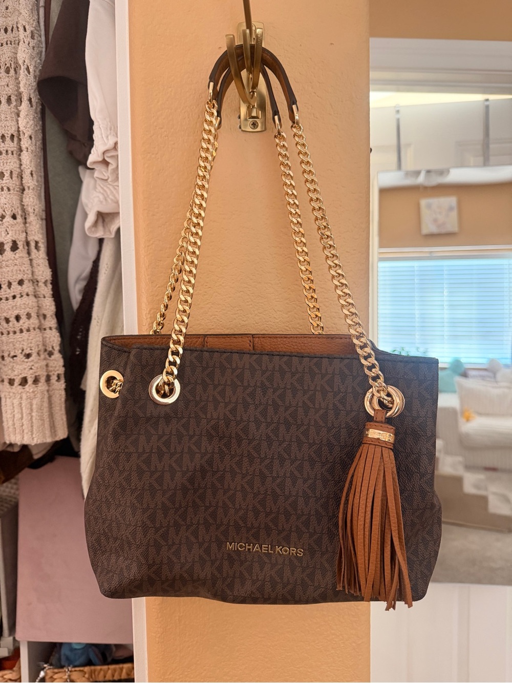 Michael Kors Brown MK Logo Chain Shoulder Bag with Tassel